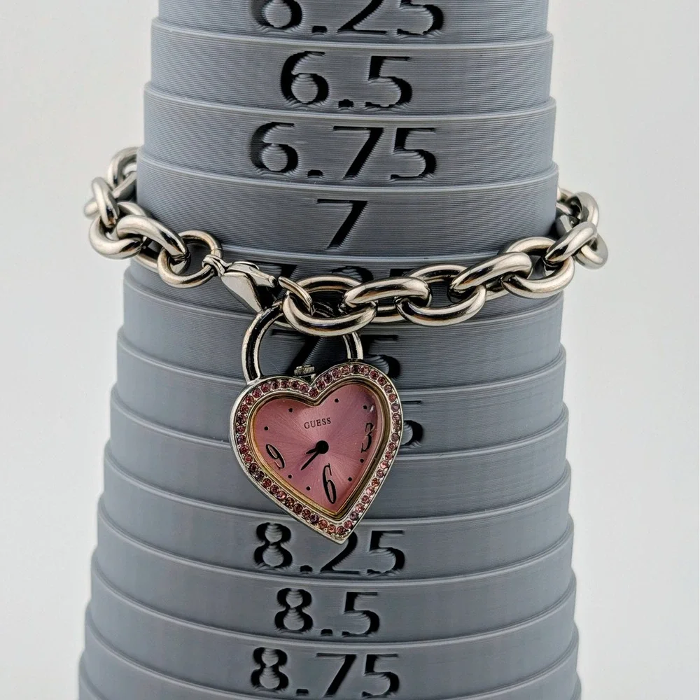 Guess Pink Heart Crystal Charm Watch Silver Tone Chain Bracelet Y2K 25mm 7